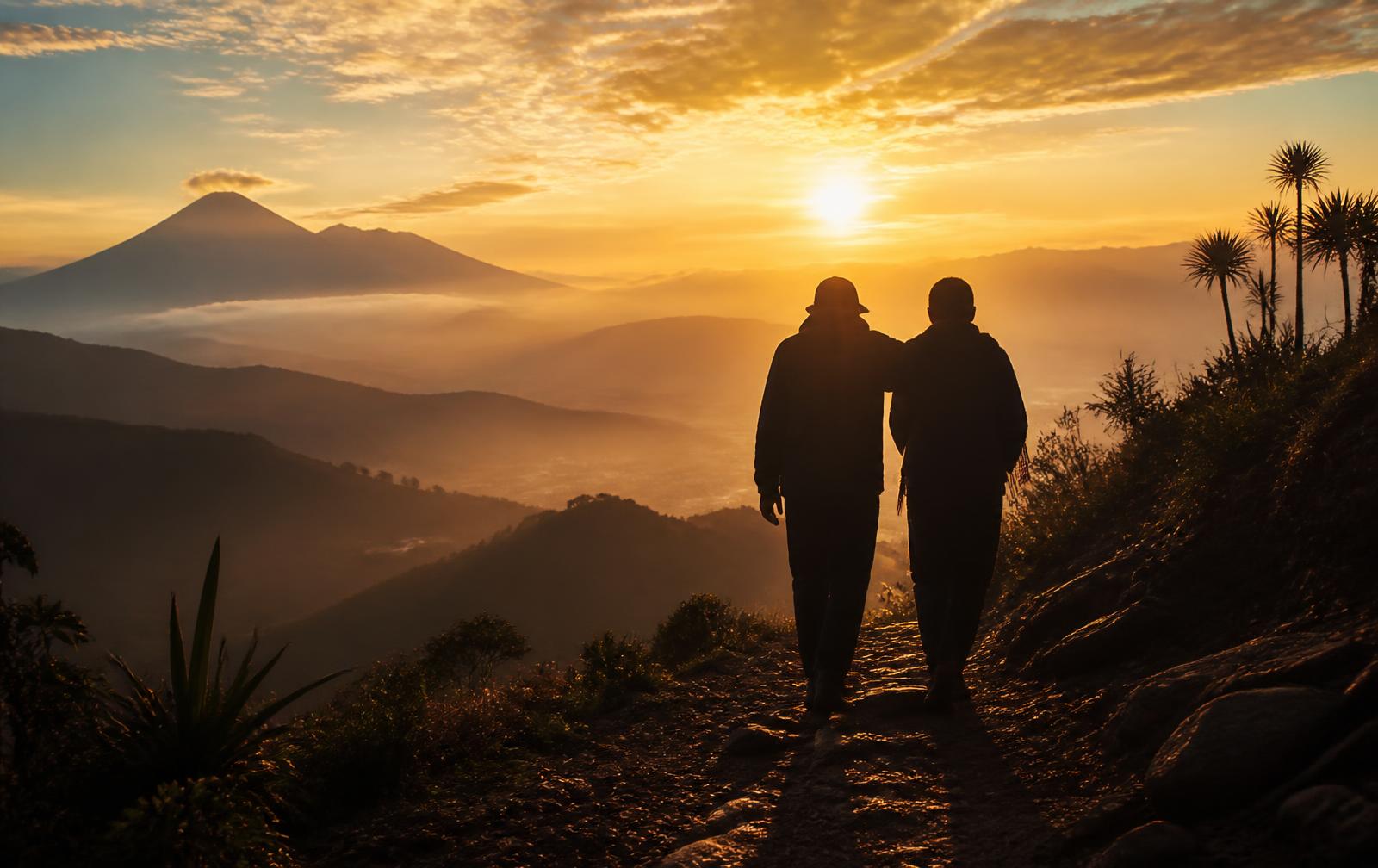 Dos personas caminando juntas hacia el amanecer en las montañas