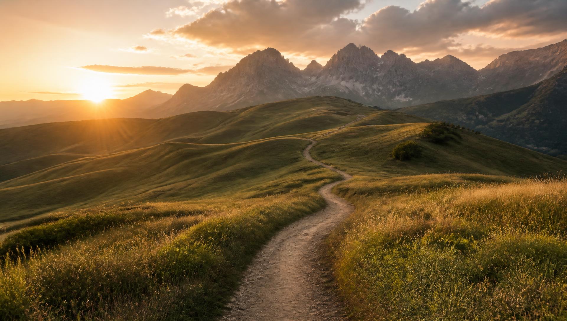 Camino de tierra hacia las montañas al atardecer