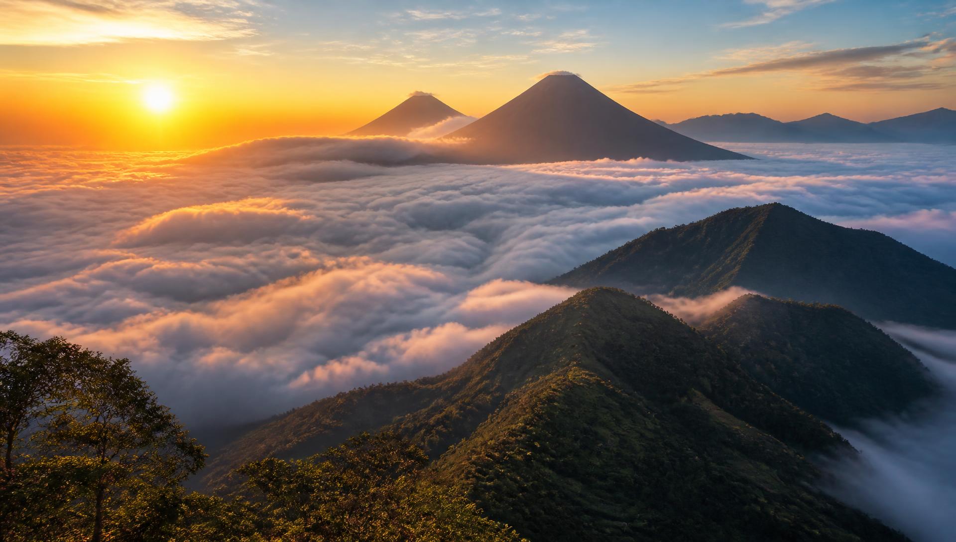 Montañas de Guatemala sobre un mar de nubes al amanecer