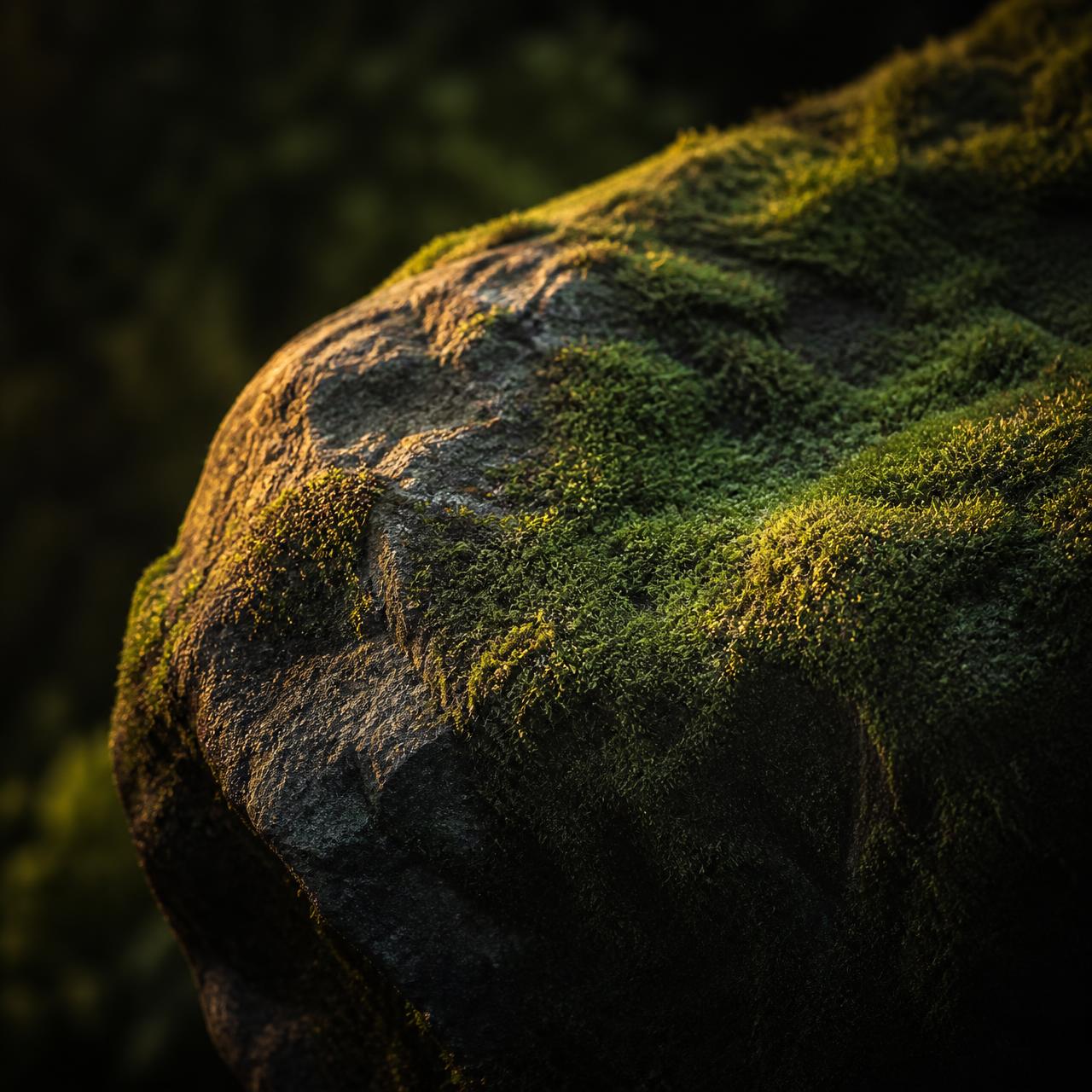 Piedra natural cubierta de musgo iluminada por luz cálida